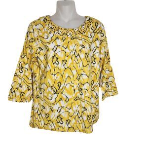 Breckenridge Petite Womens Top Size PM Yellow Black Embellished Neck 3/4 Sleeve